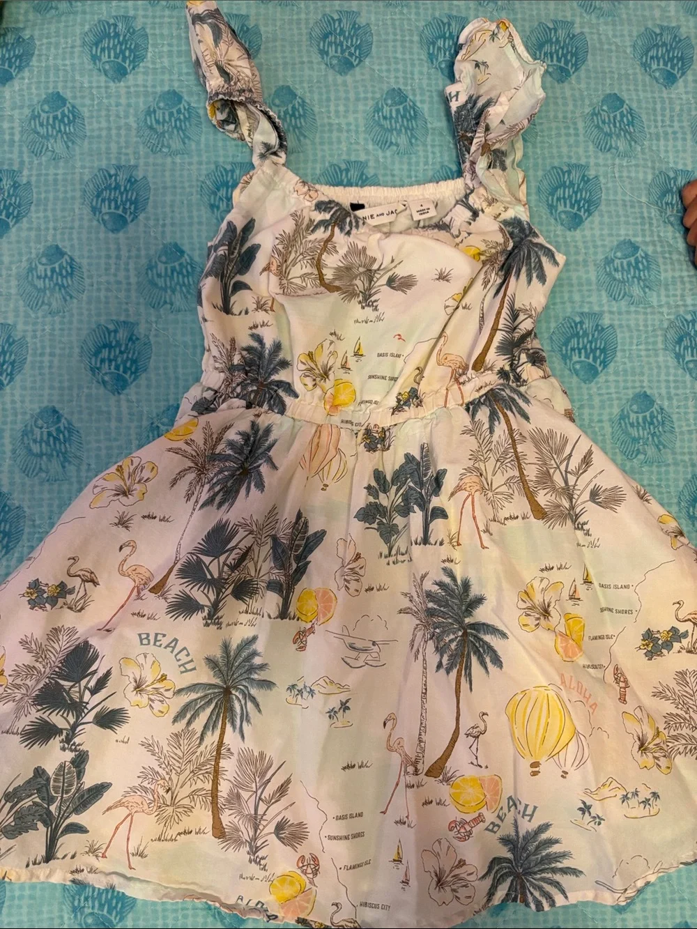 Girls' Tropical Beach Print Ruffle Strap Dress